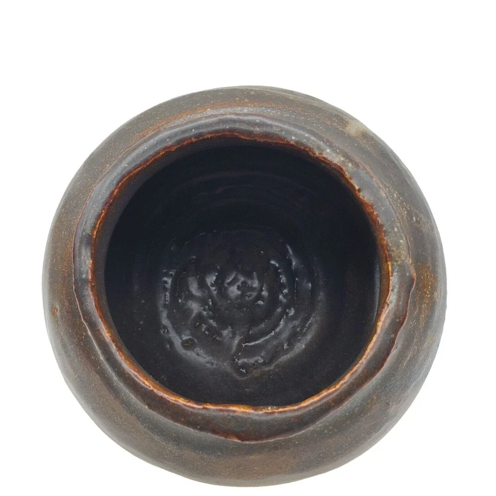 Bean Pot Squat Vase Art Pottery Brown Tan Signed Small Ceramic Rustic Decor Vtg